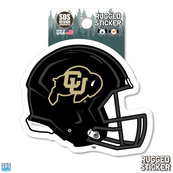 Rugged sticker of a black football helmet featuring the CU Buffaloes logo in vegas gold on the side.